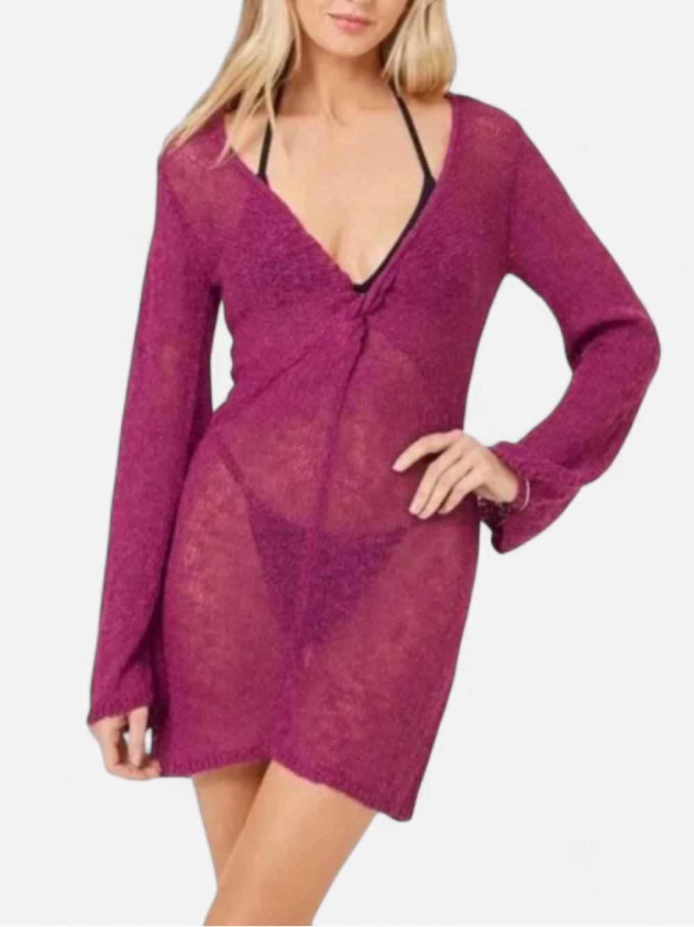 l*space Palisades Sheer V-Neck Knit Cover-Up mulberry NWT size small
